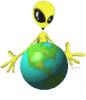 Aliens-Cliparts: Gelber Alien mit Planeten Aliens gratis GIFS