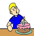 Comic-Männchen bläst Geburtstagstorte mit Kerzen aus - Animation funny GIF animations Geburtstag