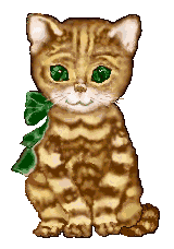 Braun-Gelbe Katze mit Schleife lacht und wedelt mit dem Schwanz - Bewegte Katzen Grafiken anigifs kostenlose Animationen