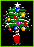 Sehr bunter Weihnachtsbaum mit Deko, Lichterkette, Schmuck im roten Topf GIFs Animationen umsonst